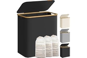 SONGMICS Laundry Basket with Lid, 3-Section Large Laundry Hamper, 150L, Removable Mesh Liner, Oxford Fabric, Bamboo Handles, Collapsible, 60 x 38.5 x 70.5 cm, Ink Black LCB515B01