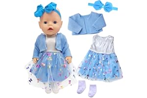 XERTEAM Babypuppenkleidung für 14-18 Zoll Babypuppen, 4 Stück Süßes Puppenkleidung 35-43cm Outfit mit Blauem Mantel + Schleife Gazerock + Schmetterlingsschleife Stirnband + Socken, Neue Puppenkleidung Zubehör