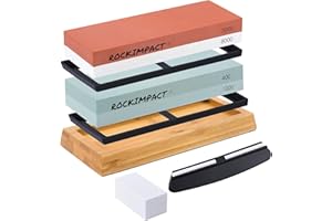 RockImpact Knife Sharpener Stone | Sharpening Stone | Whetstone Sharpening Kit 4 Side Grit 400/1000, 3000/8000 | w/Non-Slip Mat, Wooden Base, Angle Guide & Flattening Stone