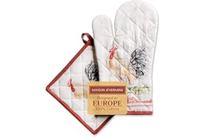 Maison d' Hermine Campagne Ensemble de Gants de Four de (19cm x 33cm) et maniques de (20cm x 20cm), 100% Coton, pour Barbecue, Cuisson, Four, Micro-Ondes, grillades, Printemps/Été, Pâques