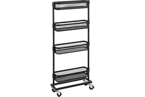 ‎SONGMICS SONGMICS Półka na wnęki, wózek, wózek domowy, półka łazienkowa, półka kuchenna z 4 koszami siatkowymi, oszczędzająca miejsce, łatwa w montażu, kuchnia, biuro, łazienka, pokój dzienny, czarna BSC065B01