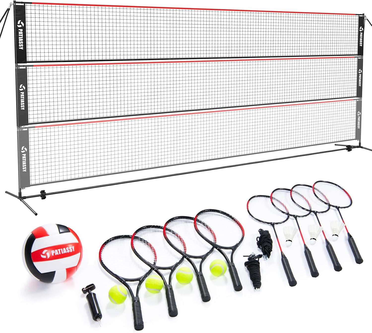 Patiassy Red de bádminton de 5,2 m, red de tenis, red de voleibol para jardín, barras de altura ajustable, juego de red portátil 4 en 1 con voleibol, bádminton y tenis, raqueta de voleibol, pelota de