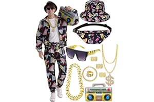 80er 90er Jahre Trainingsanzug Outfit Herren, Kostüm Jogginganzug Hose Set, Aufblasbarer Ghettoblaster Bauchtasche Sonnenbrille Hut Halskette Armband Ring, Hip Hop Sportbekleidung Karneval Mottoparty