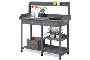 Yaheetech Garden Potting Table Wood Potting Bench Removable Sink Drawer Planting Germination Workstation w/Open Shelves & Side Hooks for Patio Balcony Yard Lawn-Grey