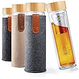 REFYLL Teeflaska med filter "teaFyll" 450 ml | Teeflaska med sil för att ta med 0,5 l varmt och kallt te | Dubbelväggig glasf