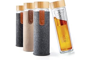 REFYLL Teeflasche mit Filter “teaFyll” 450ml I Teeflasche mit Sieb to Go 0,5l für warmen & kalten Tee I Doppelwandige Glasflasche aus Borosilikatglas + Fruchteinsatz für Eistee & Infused Water