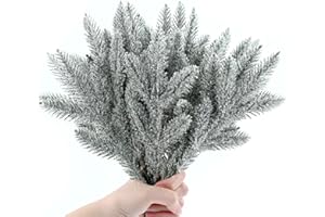 TSLBW 20 Piezas Ramas de Pino Artificiales Ramas de Agujas de Pino Nevadas Verdes Falsas con Escarcha de Nieve para Guirnalda de Bricolaje Arreglo Floral Árbol de Navidad Decoración (5 Ramas)
