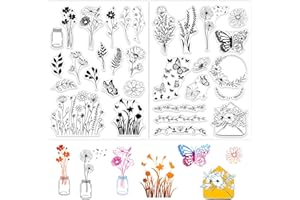 BETESSIN 2Feuilles Tampons Transparents Feuille Fleur Plantes Papillon Couronne Tampons à Imprimer Décoration Scrapbooking DIY Artisanat Cartes Album Photo pour Noël Nouvel An Fête Anniversaire