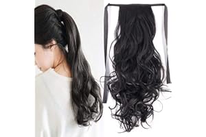 CYBELLEZA Postiche Queue de Cheval Extension a Clip Cheveux Naturel Ondulé bouclés Ponytail Tie Up Binding Ponytail Synthétiques (Noir)