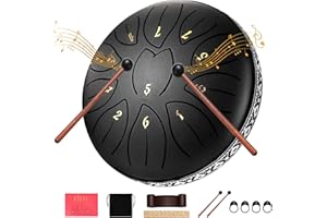 VAYOTOY 6 cali 11 notatek bęben językowy ze stali nierdzewnej Instrument perkusyjny Handpan Steel Tongue Drum z książką muzyczną i bogatymi akcesoriami do medytacji, jogi, świątyni (czarny)