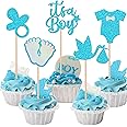 SYKYCTCY 30 Pack It's a Boy Cupcake Toppers Pacifier Glitter Onesie Jumpsuit Cupcake Picks Bird Pacifier Cake Decorations for Baby Shower Boy Birthday Theme Party Supplies Blue