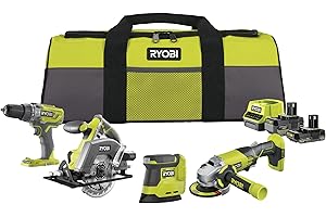 RYOBI 18 V ONE+ 8-częściowy zestaw akumulatorowy kombi RCK184O-242SZL, wiertarko-wkrętarka udarowa, szlifierka kątowa, ręczna piła tarczowa, szlifierka wibracyjna Delta, 2 x akumulatory (4,0 Ah i 2,0