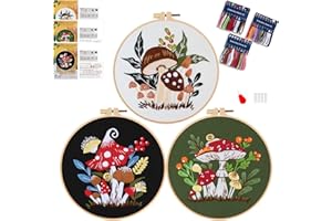 Smart-Feather 3 Sets Mushroom Embroidery kit for Beginners, Hand Embroidery Kits for Adults with Hoop, DIY Art Project Craft Kit (Mushroom)