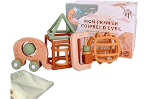 TIPICHOU Jouets d'éveil bébé 1er âge - Coffret naissance mixte montessori garçon et fille - 5 Jeux d'activité et de développement sensoriel bois et silicone, Balle, Formes, Hochet, Roues, 3 Mois>3 Ans