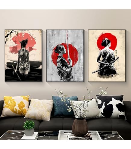 Stampe Su Tela Samurai Giapponese - Quadro Moderno 60x90cm - 3 Pezzi Senza Cornice - Decorazione Parete Soggiorno