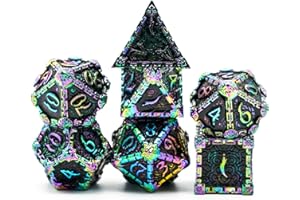 Cusdie Metal Dice with Metal Box, 7 PCs DND Metal Dice, Dagger Design Polyhedral Dice Set, for Role Playing Game D&D Dice (Colorful Black)