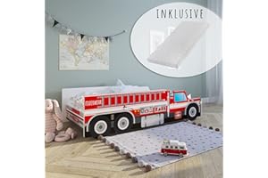 ‎KIDS COLLECTIVE Kids Collective Autobett Kinderbett Jugendbett 70x140 | 80x160 cm mit Rausfallschutz & Matratze | Feuerwehr Feuerwehrauto Feuerwehrmann Kinder Spielbett