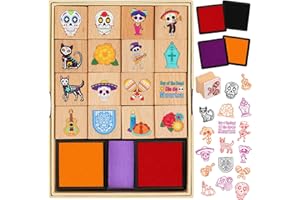 DPKOW Bois Dia de Los Muertos Tampons pour Enfants Artisanat avec Encreur, Halloween Mexicain Tampons pour Enfants Bricolage Artisanat Carte Dia de Los Muertos Goodies Gadget Tête de Mort Mexicain