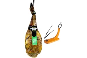 INSIGNIA IBERICA- 5 Kg Jambon Iberique (Épaule) PATA NEGRA 100% naturel,+ porte-jambon + affûteur + couteau, (109€) Originaire de porcs ibériques élevés en plein air à Dehesas