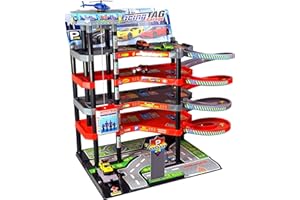 TIKTAKTOO Garaje de Aparcamiento Juguete para Niños con 5 Niveles i Garaje para Coches Parking Garage Incl. 4 Coches de Juguete y Helicóptero i Playset con Gasolinera, Ascensor, Barreras y Taller