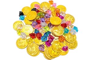 CXNXFD 100 Stück Goldmünzen Piratenschatz Set(50 Goldtaler Kinder und 50 Piraten Edelstein),Piratenschatz für Kinder,Piratenparty Mitgebsel,Schatzsuche Kindergeburtstag