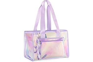 YARWO Große Strandtasche für Damen Irisierend mit Front-Handytasche und Innentaschen für Strand Pool Fitness und Yoga Wasserdicht und Sanddicht Transparent Ideal für Familie und Wochenende, Lila