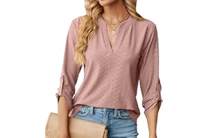 HEERSAN Chemisier élégant à Col en V pour Femme Chic Chemisier Ample à Manches Enroulables à 3/4 Manches Longues Lâches Hauts Tuniques de Base T-Shirt Blouses(S-XXL)