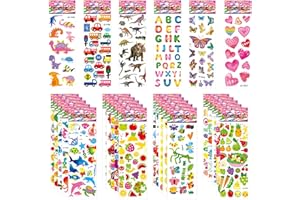 Jsdoin 50 Sheets Puffy Stickers for Kids, 1000+ Children 3D Stickers Party Bag Filler for Party Rewarding Gifts Scrapbooking Including Animals Letter Fish Dinosaurs Numbers Fruits Trucks Airplane