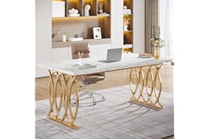 Tribesigns Biurko Executive, duże biurko komputerowe 160 cm, nowoczesne biurko biurowe, stół konferencyjny, meble biznesowe do domowego biura, białe i złote