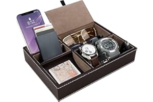 Belle Vous Brown Faux Leather 5 Compartment Valet Dresser/Nightstand Organiser Tray - Desk Storage Box For Wallet, Phone, Keys, Jewellery, Men's Accessories, Money, Cufflinks- Catchall Box for Bedside