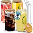 HEFTMAN Glass Cups with Lids and Straws - 4 Pack Empty 480ml Can Shaped Glasses with Airtight Bamboo Lids, Glass Straws & Straw Cleaning Brush - Iced Coffee Glass for Smoothies, Beer, Parties, BBQ
