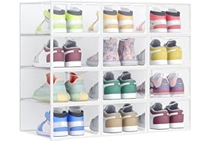 SONGMICS Boîtes à Chaussures, Organisateurs en Plastique, avec Porte, Lot de 12, Empilables, Montage Facile, 33,2 x 23 x 14,5 cm, pour Pointure jusqu'à 43, Transparentes et Blanc Nuage LSP312W01