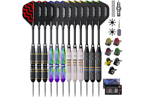 Turnart Fléchettes 12 PCS Flechettes Pointes Acier Professionnelles pour Cible 22/24 G Flechette Pointe Acier Contient 21 PCS Ailettes Et Autres Accessoires pour Flèches De Fléchette
