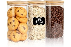 ComSaf förvaringsburkar i glas med bambulock, 1,5 L, 3-pack | fyrkantig och kompakt, stora kex, rostat bröd för bakning, badsalt, smidig förvaring, för skafferi och kök