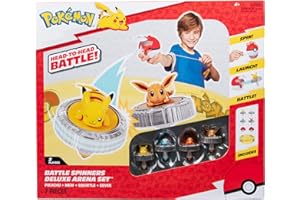 Bandai - Pokémon Arena + 4 Spinnery w Zestawie - 2 Wyrzutnie Pokéball + 4 Bączki Pikachu, Evoli, Caparchip i Salamche - Fighting - Zabawka Dla Dzieci 4 Lata i + JW4411
