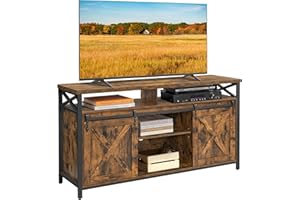 VASAGLE Meuble TV, Support pour Téléviseur Jusqu’à 65 Pouces, avec Étagères Réglables, Portes Imitation Grange, Style Rustique, Cadre en Métal, Marron Rustique et Noir LTV071B01