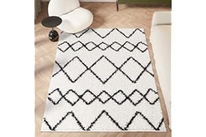 HomeArt Fluffy Shaggy RUG for Living Room, High-Pile (30mm) Super Soft Warm Lined Herringbone Thick Luxury Area Carpet for Bedroom and Home Decoration,Small to Extra Large(White/Black Line, 60x110 cm)