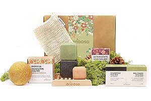 Enooso - Gift Box Natale con 6 prodotti regali Beauty - Shampoo e Balsamo Solido, Docciaschiuma Vellutante e Detergente Viso + Sacchetta in cotone e Poggia sapone | Set Regalo made in Italy