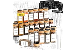 Bathola Gewürzgläser Eckig 25er Set mit Bambusdeckel, Gewürzdosen Set mit 512 Etiketten, 120ml Gewürzgläser mit Streueinsatz, Kreidestif, Trichter & Bürste (Schwarzes Rund & Weißes Quadrat)