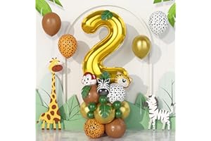 BALLOON DANCE Jungle 2nd Birthday Decorations Boys,40 Inch gold number 2 Balloons with Animal Foil Balloons and Jungle Safari Balloons for baby Boys Girls Birthday Party Decorations Baby Shower