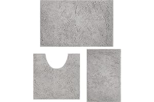 MEGAROOM Non Slip Chenille Bath Mat Sets 3 Piece - Soft and Anti Mould Bath Mats for Safety and Comfort - Water Absorbent and Quick Drying - Bathroom Carpet Set with U-Shaped Toilet Mat（Light Gray）