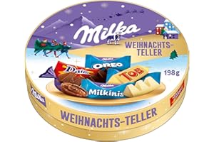 ‎MILKA Milka & Friends Weihnachts-Teller – Bunter Schokoladen-Mix mit Milka, Oreo, Toblerone und Daim – 198g