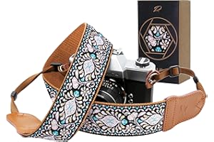 Padwa Lifestyle Kameragurt - 2" breiter Vintage-bestickter Baumwoll-kameragurte mit Rindsleder-Enden, kann als Gurt für alle Kameras, Fernglasgurt und Drohnenfernbedienungsgurt - Rosa Floral