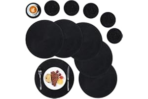 SHACOS Round Placemats and Coasters Set of 6, Round Braided Woven Place Mats Washable Black Table Mats and Coasters Sets Heat Resistant Table Mats for Kitchen Dining Table Home Restaurant