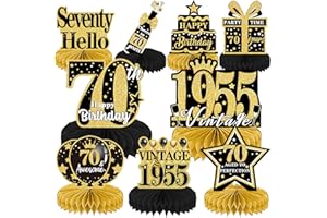 Luvart 70th Birthday Decorations-Black and Gold Table Decorations for Birthday Party 9pcs 70th Birthday Decorations for Men Women Honeycomb Center Decor with Vintage 70 Birthday Party Supplies