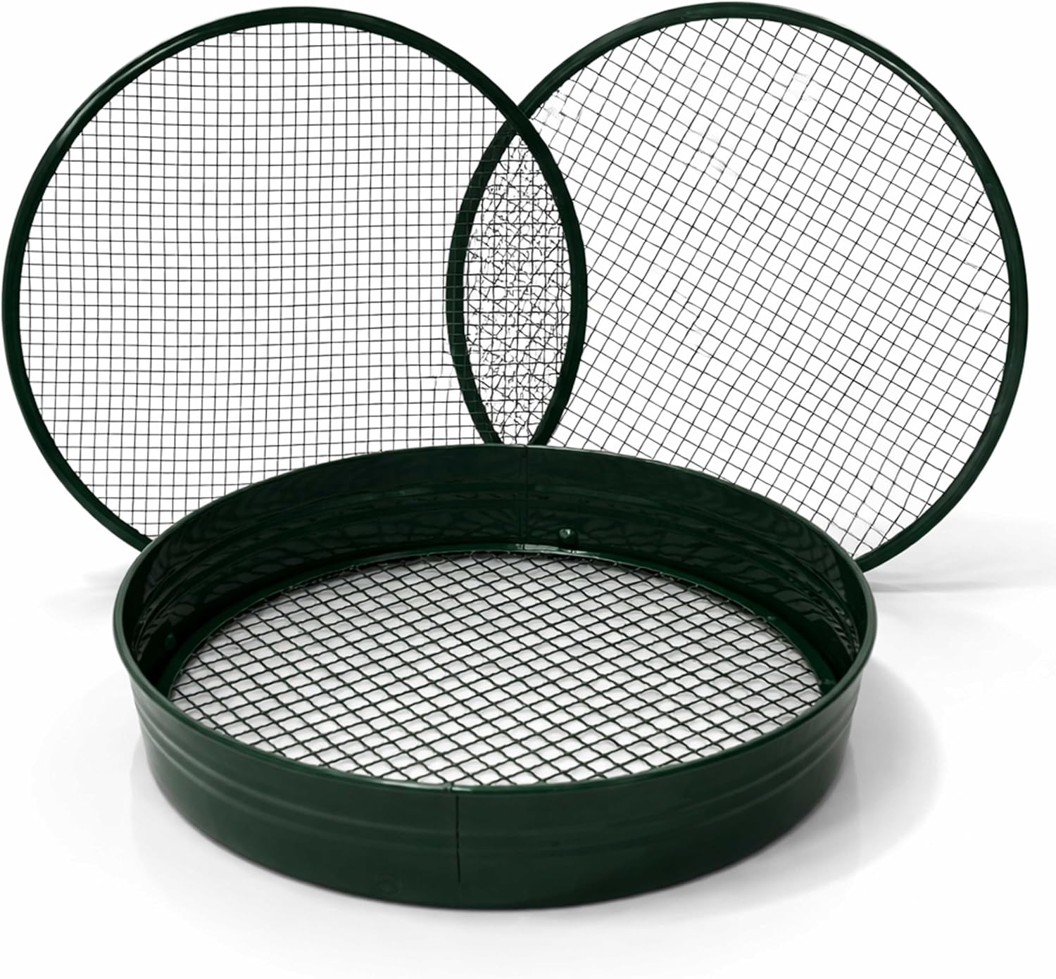 ADEPTNA Metal Garden Soil Sieve Riddle with Interchangeable Mesh 1/4 3/8 1/2 Inch Heavy Duty Steel Frame Compost Soil Stone Sifter for Gardening Lawn Planters (3 in 1)