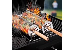 Vankarr Conjunto de 2 Cestas para Parrilla Rodante, Cesta de Parrilla de Acero Inoxidable con Mango Extraíble, Rejilla Barbacoa para Asar Verduras, Carne