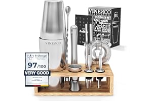 ‎VINENCO Cocktail Shaker Set Boston mit Ständer & Rezeptbuch: Premium Edelstahl Bar Cocktailset Cocktailshaker Messbecher Strohhalme Barlöffel Stößel | Barkeeper Barset Cocktail-Zubehör Geschenk Frauen Männer