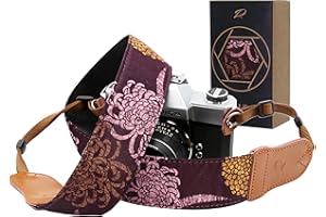 Padwa Lifestyle Kameragurt - 2" breiter Vintage-Baumwoll-kameragurte mit Rindsleder-Enden, kann als Gurt für alle Kameras, Fernglasgurt und Drohnenfernbedienungsgurt - Lila Gänseblümchen gedruckt