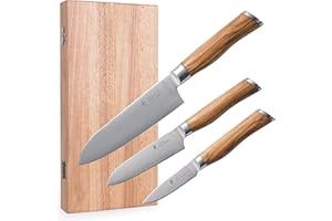 Wakoli juego de 3 cuchillos de damasco con hojas de 8,50 cm hasta 17,00 cm, muy afilados de 67 capas, juego de cuchillos de cocina profesional de acero de damasco con mangos de madera de olivo
